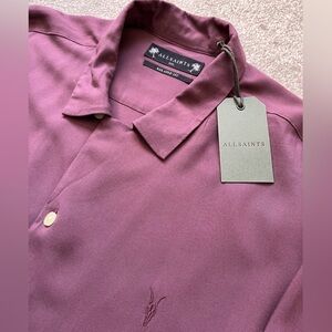 NWT Mens All Saints Relaxed Fit Short Sleeve Button Up Shirt Maroon XXL Viscose